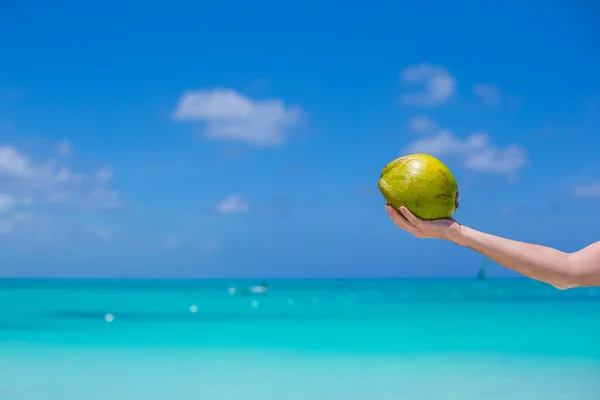 Fechar-se de coco em fundo de mãos o mar azul-turquesa — Fotografia de Stock