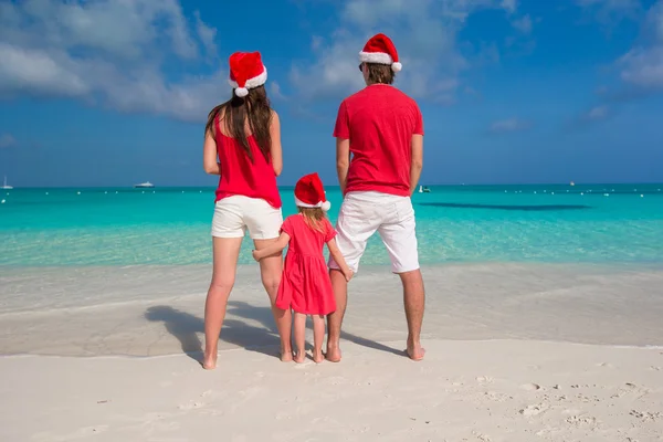 Glückliche Familie in Weihnachtsmützen, die während des Karibik-Urlaubs Spaß hat — Stockfoto