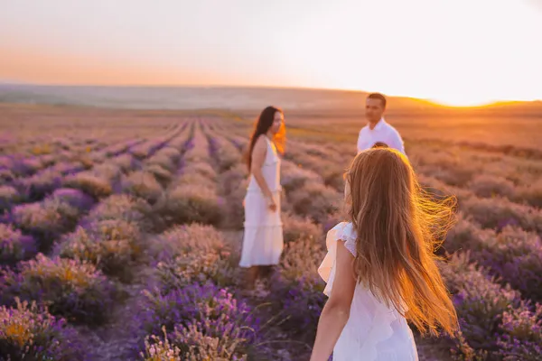 白いドレスと帽子で日没のラベンダーの花のフィールドの家族 — ストック写真