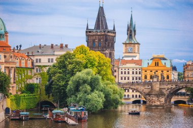 Beautiful view of the Vltava River to the historical Gothic Charles Bridge in Prague, Czech Republic. UNESCO monument.
