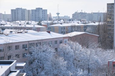 Romanya 'nın Bükreş kentindeki ağaçlar ve konut binaları kışın karla kaplandı.