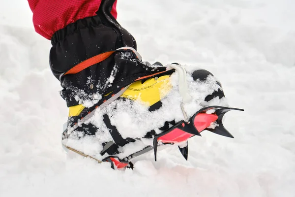 Close Crampons Montanhismo Com Dentes Agudos Visíveis Uma Perna Com — Fotografia de Stock