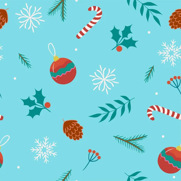 圣诞无缝图案用树枝 糖手杖 松果和圣诞球 矢量图像 — 图库矢量图片