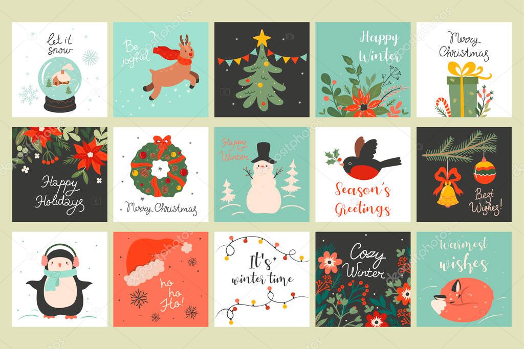 A set of Christmas cards with holiday attributes. Vector image.