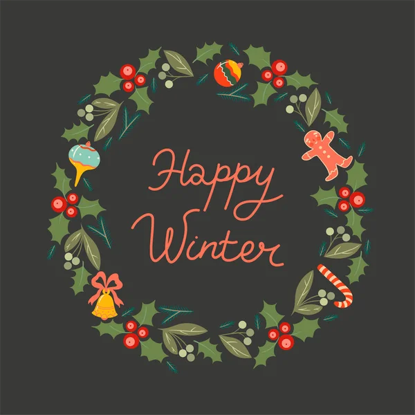 圣诞花环上刻着 快乐的冬天 矢量图像 — 图库矢量图片
