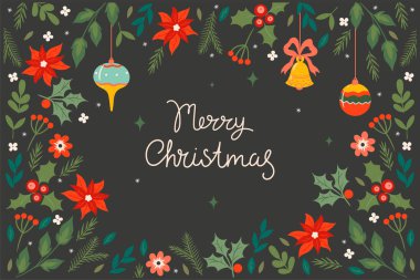 Çiçekli Noel çerçevesi. Yapraklar, böğürtlenler, çiçekler. Vektör resmi.