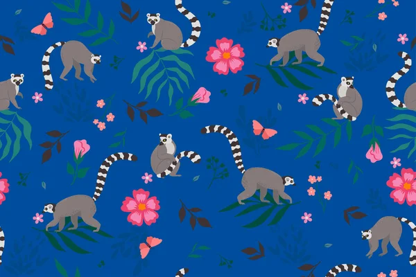 Seamless pattern with lemurs and flora elements. Vector image.