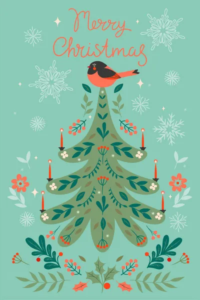 Weihnachtskarte Mit Baum Und Vogel Vektorbild — Stockvektor