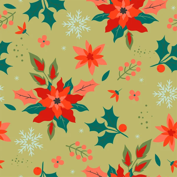 Naadloos Kerstpatroon Met Winterflora Sneeuwvlokken Vectorafbeelding — Stockvector