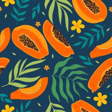 Papaya ve yapraklarla kusursuz desen. Vektör resmi.