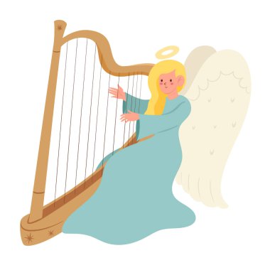 Angel beyaz arka planda arp çalıyor. Vektör resmi.