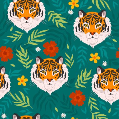 Kaplanlar ve yapraklarla tropik, pürüzsüz bir desen. Vektör resmi.