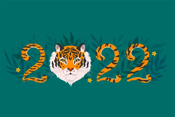 Harimau Nomor 2022 Dan Daun Tropis Citra Vektor - Stok Vektor