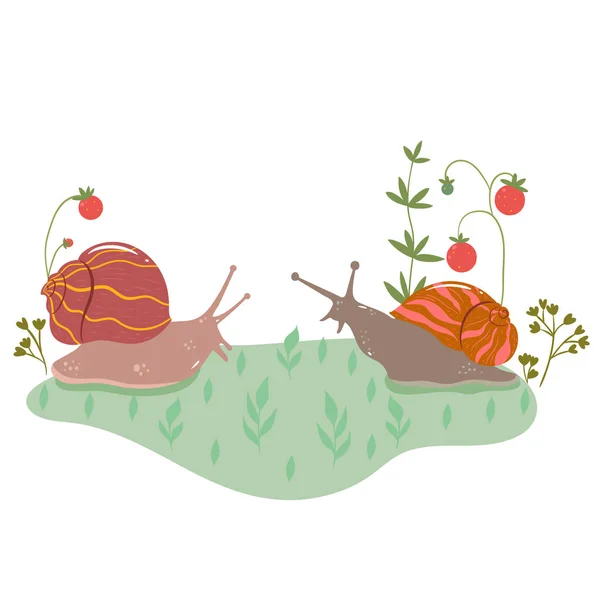 Zwei Schnecken Auf Einer Erdbeerwiese Vektorbild — Stockvektor
