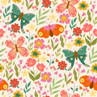 Kelebekler ve çiçeklerle kusursuz desen. Vektör resmi.