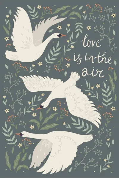 明信片上印着天鹅和植物 上面写着爱的字样 矢量图像 — 图库矢量图片