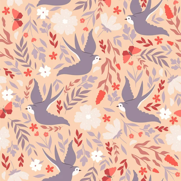 Seamless Pattern Swallows Flowers Vector Image — Stock Vector