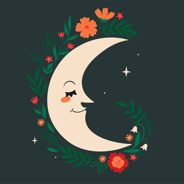 Jolie Illustration Avec Lune Fleurs Image Vectorielle — Image vectorielle