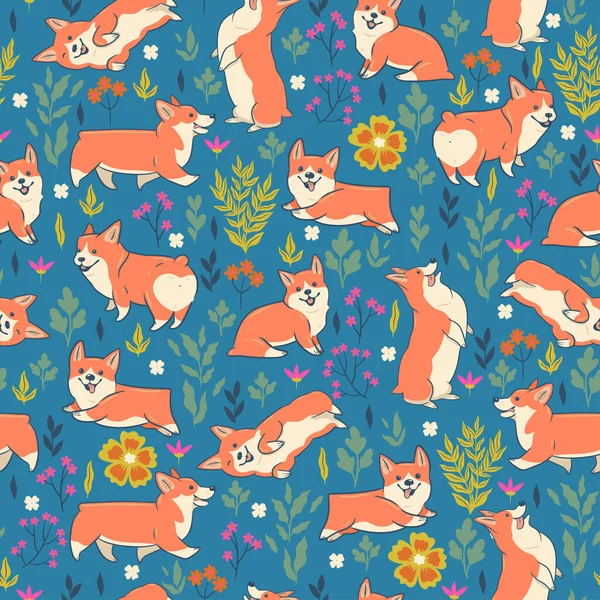 Seamless pattern of cute dogs of the Corgi breed with flowers. Vector image.