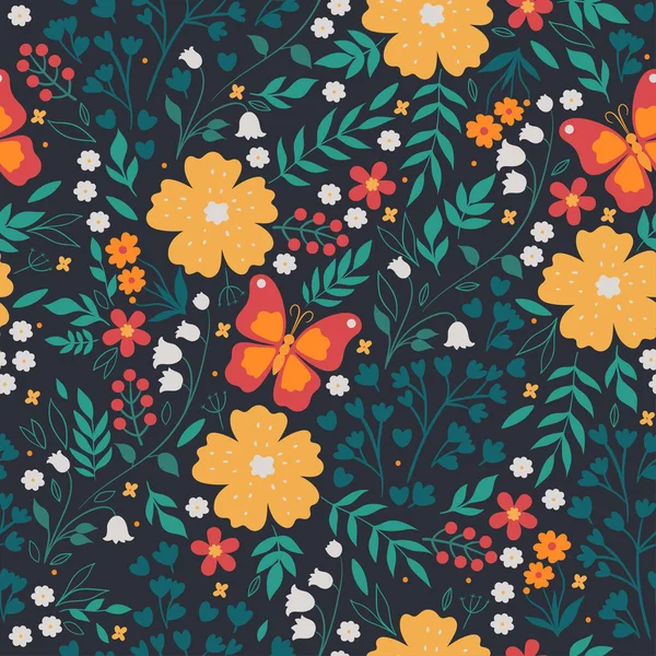 Nahtloses Muster Mit Blüten Blättern Und Schmetterlingen Vektorbild — Stockvektor