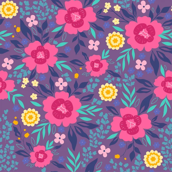 薄紫色の背景に花や葉でシームレスなパターン ベクトル画像 — ストックベクタ