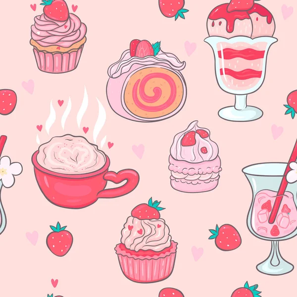 Nahtloses Muster Mit Erdbeer Valentinstag Tagesgericht Vektorbild — Stockvektor