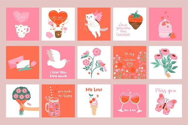 バレンタインデーのためのかわいいカードの大セット ベクトル画像 — ストックベクタ