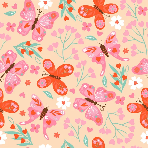 蝶とバレンタインデーの雰囲気とシームレスなパターン ベクトル画像 — ストックベクタ