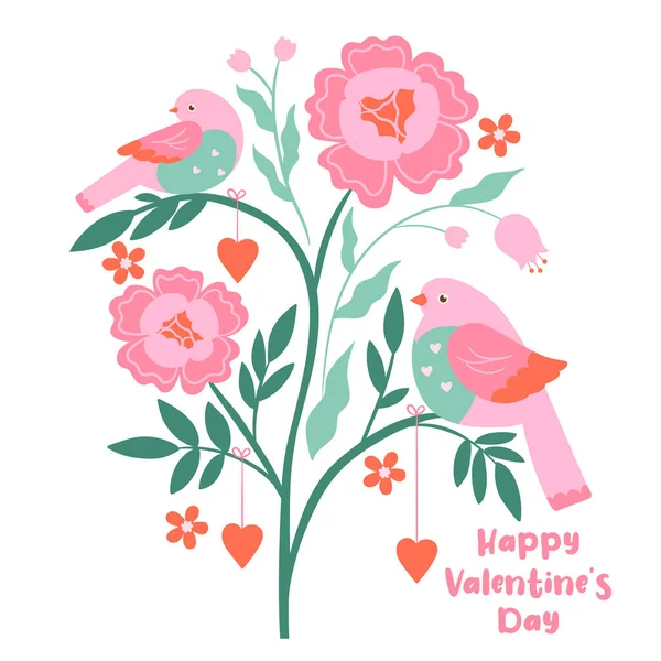 Valentine Day Card Cute Birds Flowers Vector Image — Stock Vector