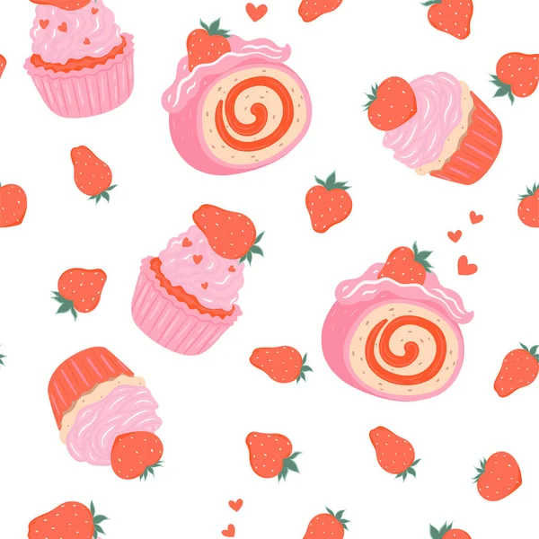 Valentine Day Vibe Seamless Pattern Strawberry Cakes Vector Image — Stockvektor
