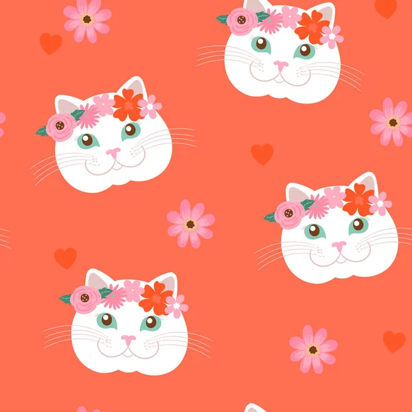 Valentine Day Seamless Pattern Cute Cat Faces Vector Image — Vetor de Stock