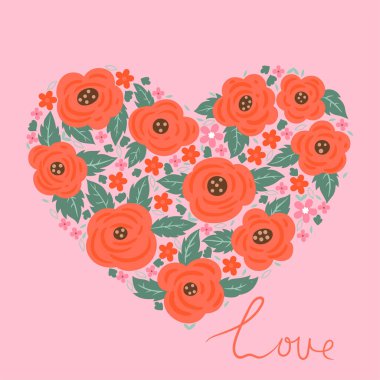 Postcard or poster with a heart of roses. Vector image.