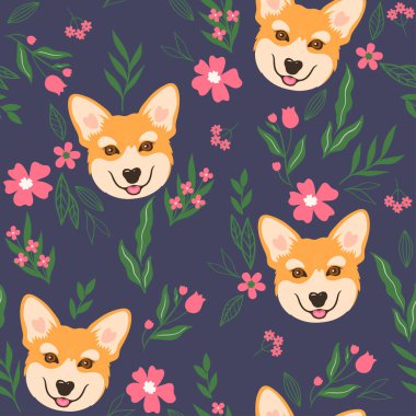 Seamless pattern with corgi faces and flowers. Vector image.