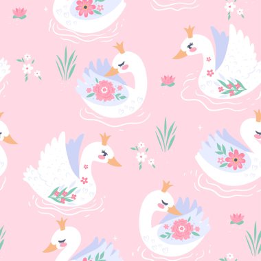 Seamless pattern with cute swans on the lake. Vector image.