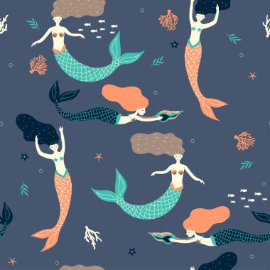 Seamless pattern with mermaids, fish, algae. Vector image.