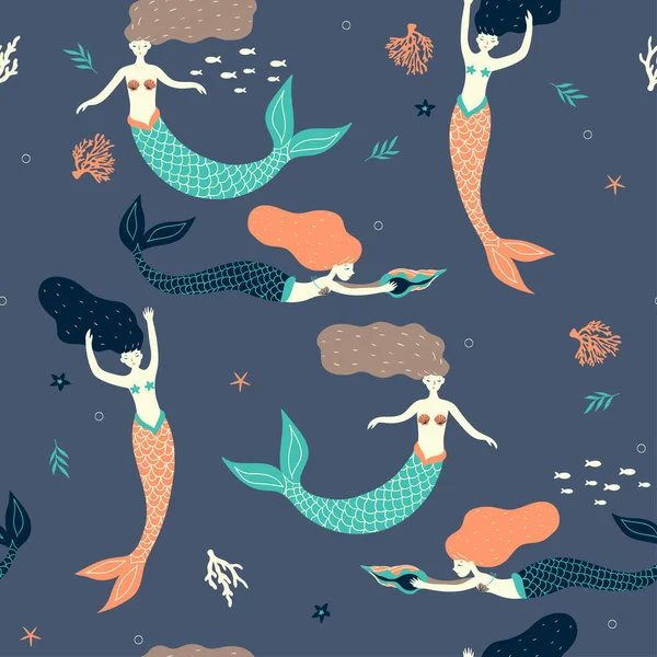 Seamless Pattern Mermaids Fish Algae Vector Image — Wektor stockowy