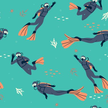Seamless marine pattern with divers. Vector image.