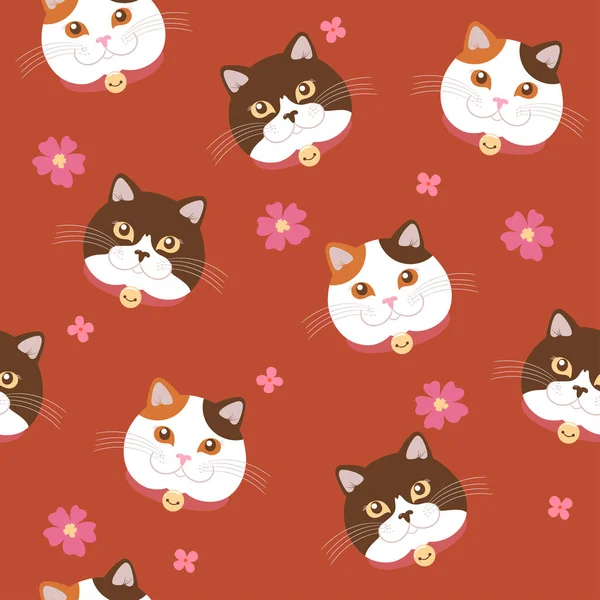 Бесшовный Узор Милыми Кошками Цветами Векторное Изображение — стоковый вектор