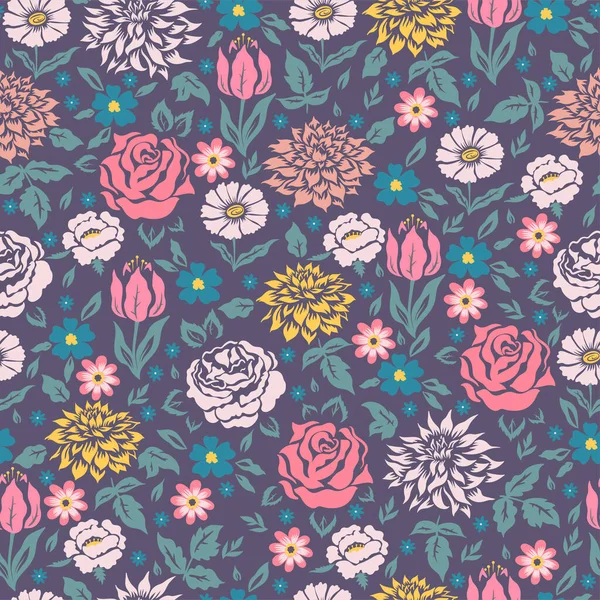 花や葉でシームレスなパターン ベクトル画像 — ストックベクタ