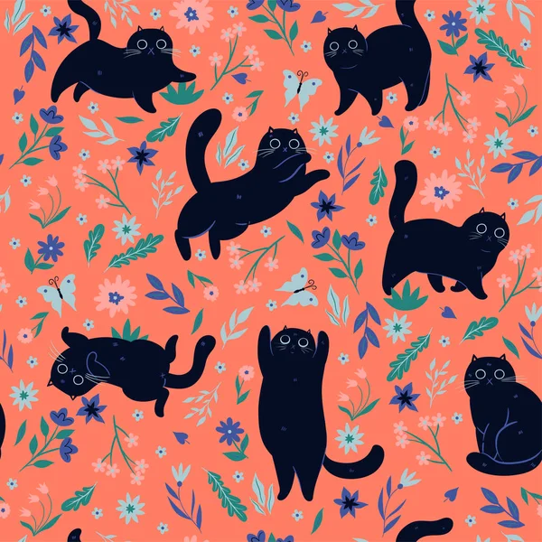 Бесшовный Рисунок Черными Кошками Цветами Векторное Изображение — стоковый вектор