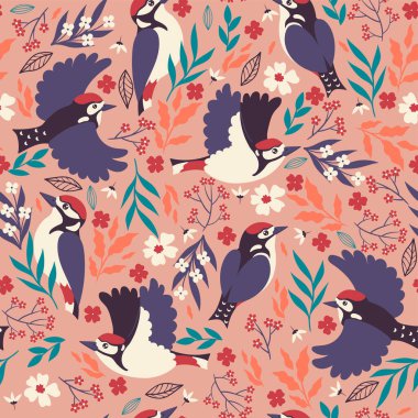 Ağaçkakanlar ve çiçeklerle kusursuz desen. Vektör resmi.