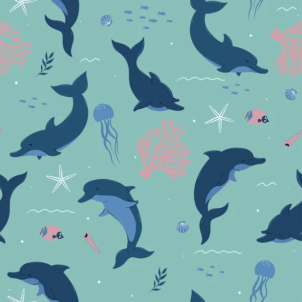 Naadloos Patroon Met Schattige Dolfijnen Zeeleven Vectorafbeelding — Stockvector
