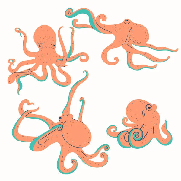 Set Octopussen Geïsoleerd Witte Achtergrond Vectorafbeelding — Stockvector