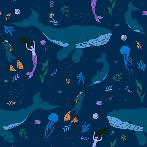 stock vector Seamless pattern with sea animals, divers and mermaids. Vector image.