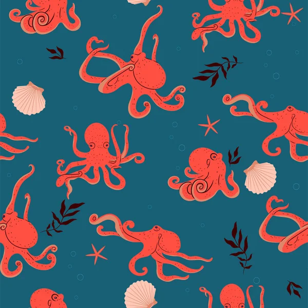 Naadloos Patroon Met Octopussen Zeesterren Schelpen Algen Vectorafbeelding — Stockvector
