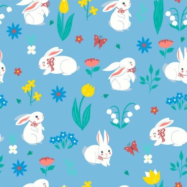 Tatlı tavşanlar ve çiçeklerle kusursuz bir desen. Vektör resmi.