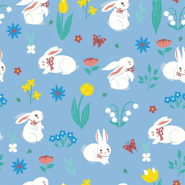 Seamless Pattern Cute Spring Rabbits Flowers Vector Image — Stock Vector