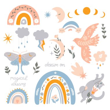 Beyaz arka planda izole boho elementleri seti. Vektör resmi.