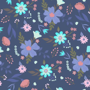 Çiçekler, yapraklar ve berilerdeki kusursuz desen. Vektör görüntüsü..