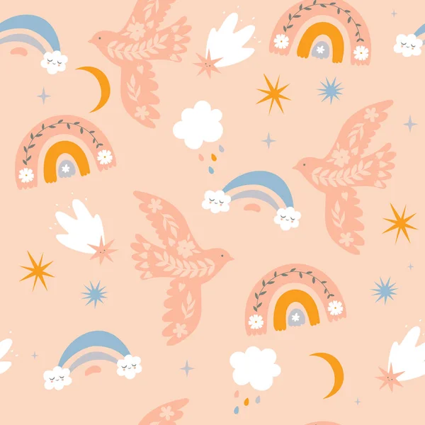 Seamless Pattern Boho Style Birds Rainbows Vector Image — Stock Vector